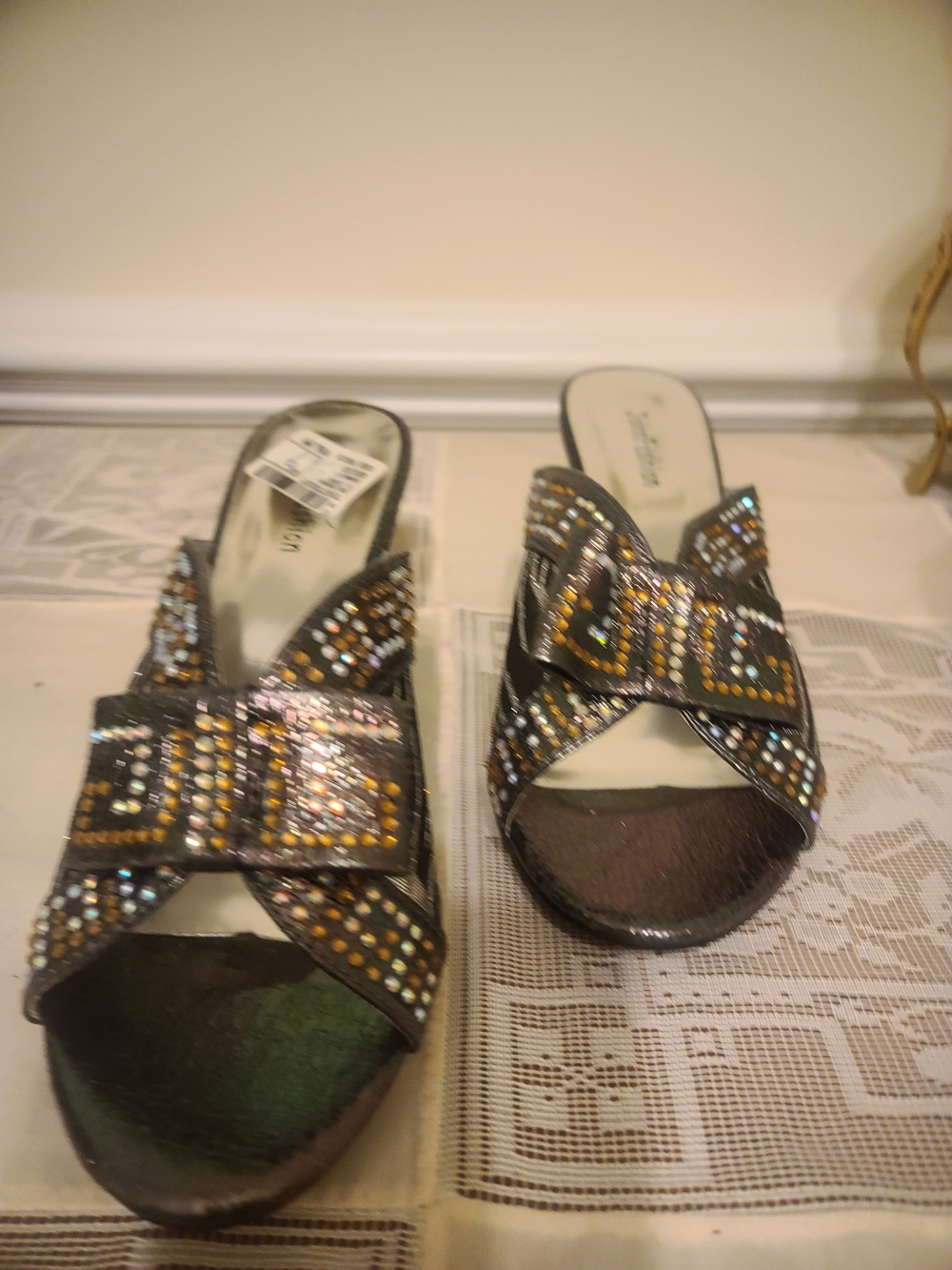 Embellished Black Slide Mules with Crystal Accents